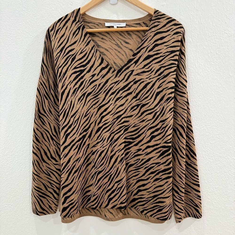Gerard Darel Paris Womens Size 1 XL Brown Black Animal Print Wool V Neck Sweater